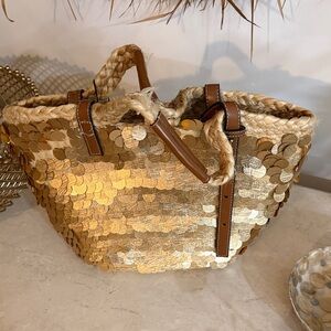 Zara Gold Sequin Tote with Brown Accents